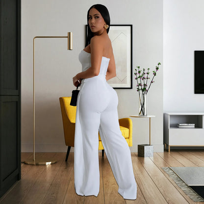 Elegant Sleeveless Wrap Chest Women's Button Strapless Irregular Jumpsuits 2025 One PieceWide Leg Outfits Night Club Streetwear
