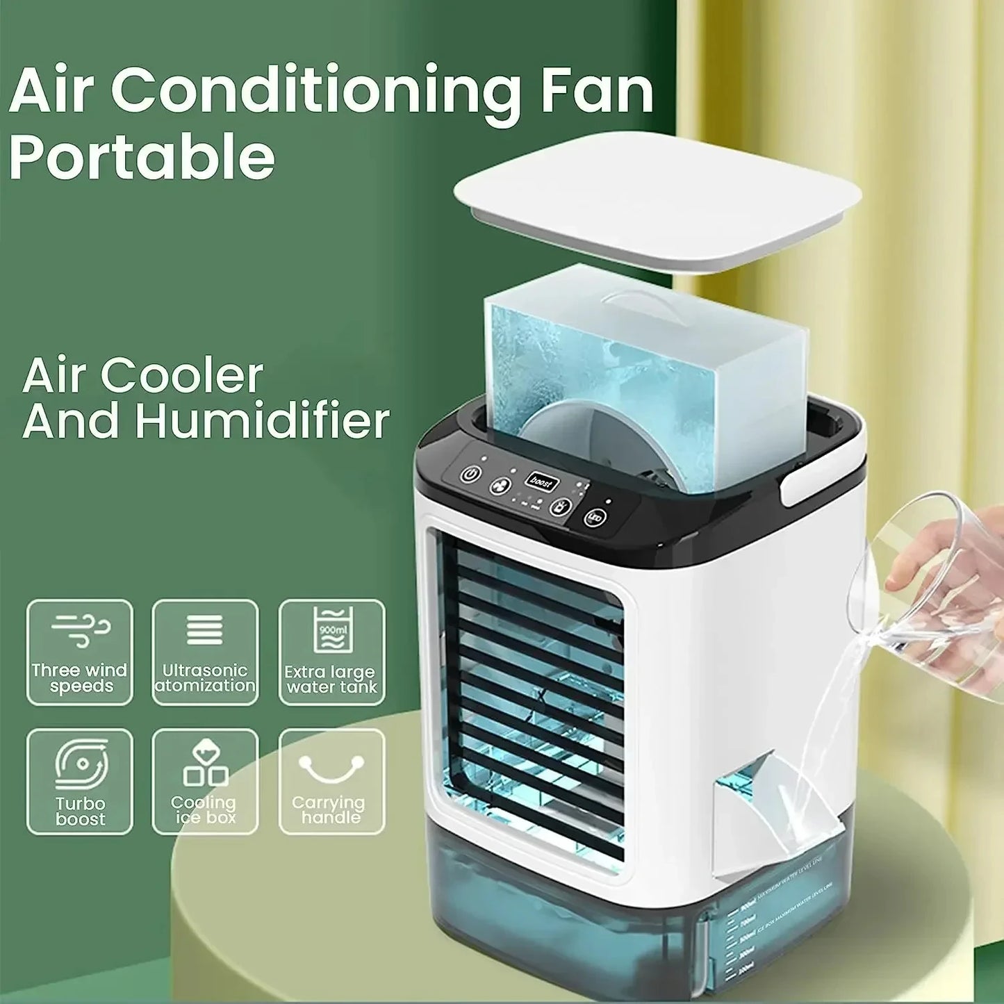 Air Conditioner Portable Fan Desktop Dual Spray Ultrasonic Atomization 3-Speed Mute Air Cooler Night Light Electric Fan for Home.