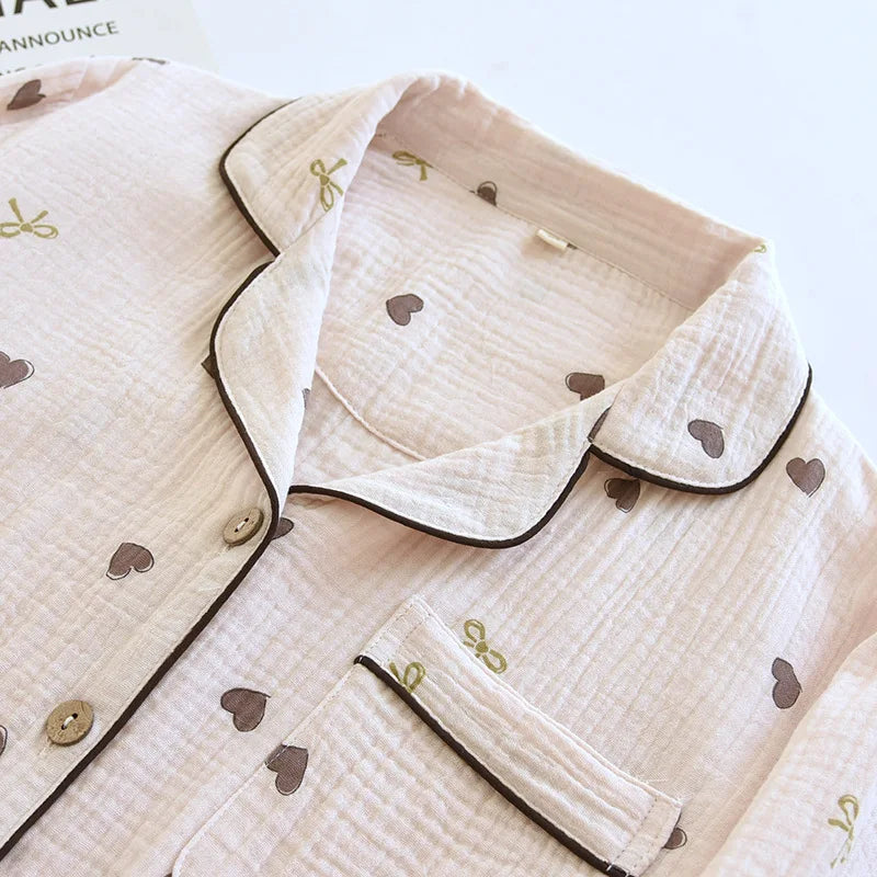 2025 neue Frühjahr/Sommer frauen Pyjama Set 100% Baumwolle Crepe Nette Liebe Langarm Lange Hosen Zwei Stück set Strickjacke Hause Kleidung.