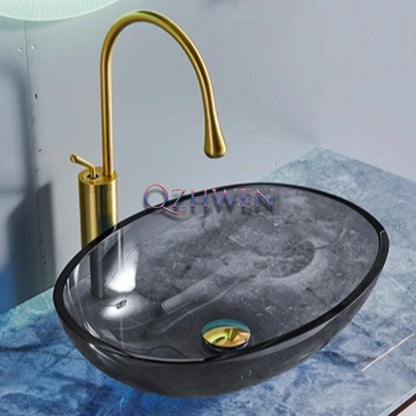Farbiges, transparentes Badezimmerwaschbecken aus gehärtetem Glas, Hotel, modernes Aufsatzwaschbecken, Waschbecken mit Wasserfall-Wasserhahn, 49 x 35 x 13 cm