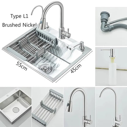 Edelstahl-Küchenspüle mit Wasserhahn, Trinkwasserhahn/Seifenspender, 55 x 45 cm, Spülbecken-Set mit Abflussset/Korb