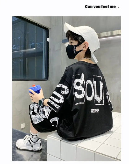 Boys Summer Trendy Casual Sports 2pcs T-shirts+Pants Suits 3-14 Years Teenage Boys Hip Hop Style Fashion Outfits Clothes Sets