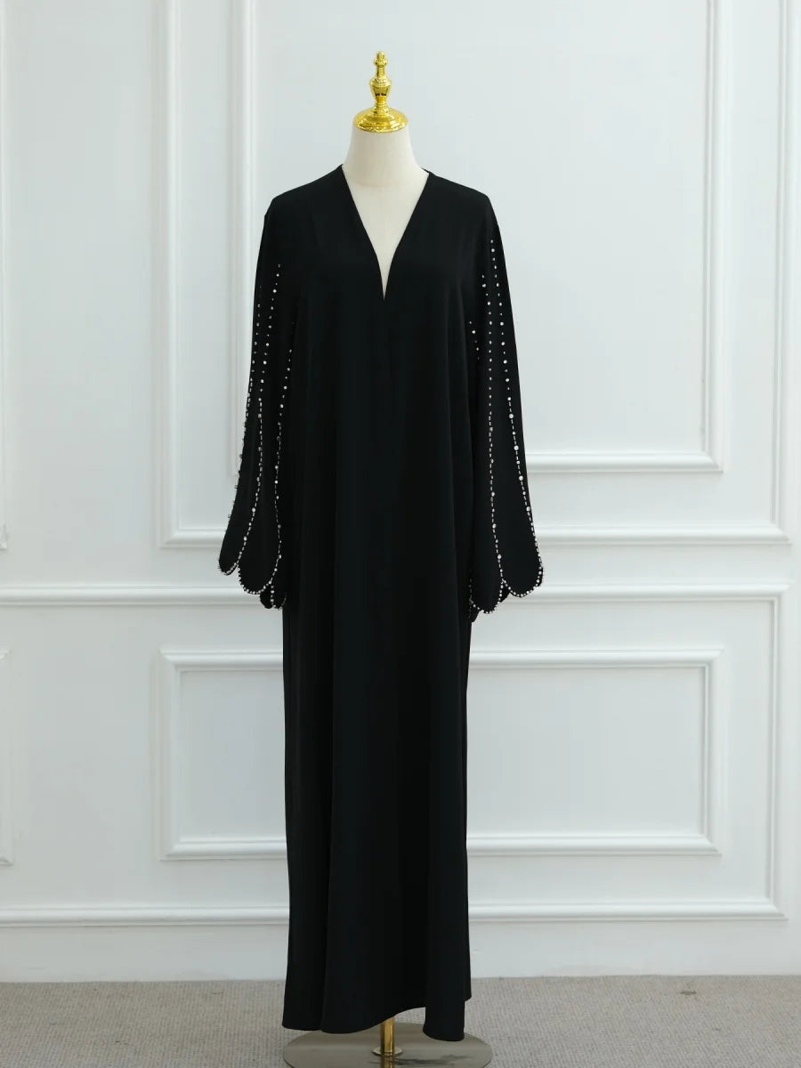 Middle East Women Arabic Dubai Abaya Made Beading Kimono Cardigan Long Dress Modest Ramadan Robe Femme Islam Clothing Kebaya.