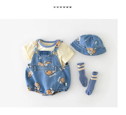 2 Stück Sommer Kinder Baby Denim Bodysuit und Mützen Anzüge einteilige Unisex Kleinkind Jungen Mädchen weiche Jeans Kleidung Jeans Sprung anzüge.