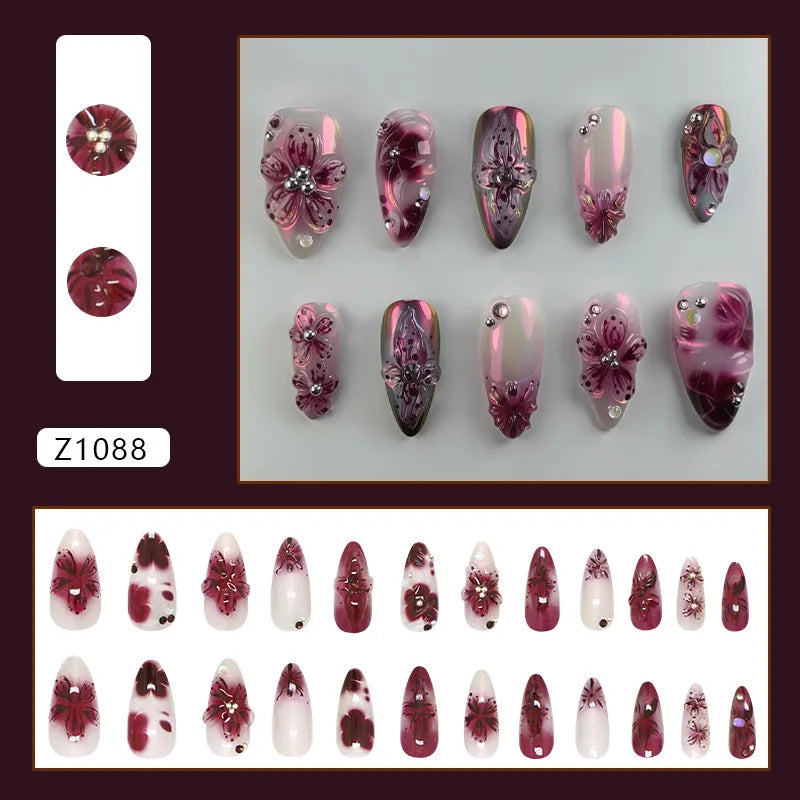24pcs Flower Print Press on Nails Wine Red Blush Almond False Nail Tips Wearable Reusable Summer Spicy Girl Fake Nails