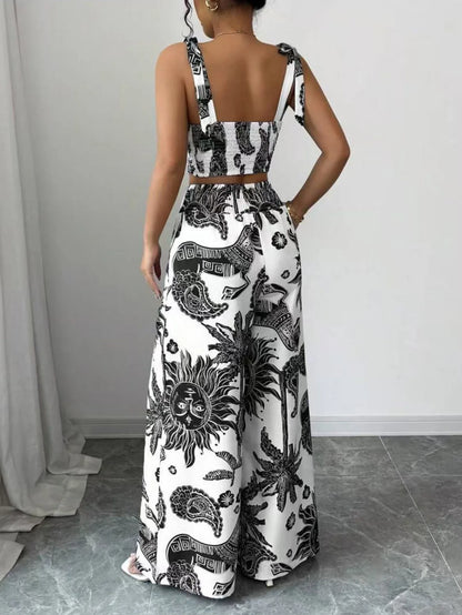 Two Piece Sets Women Pant Print Sling Tops High Waist Wide Leg Pants Drawstring Matching Sets Casual Backless Tops Summer 2025.