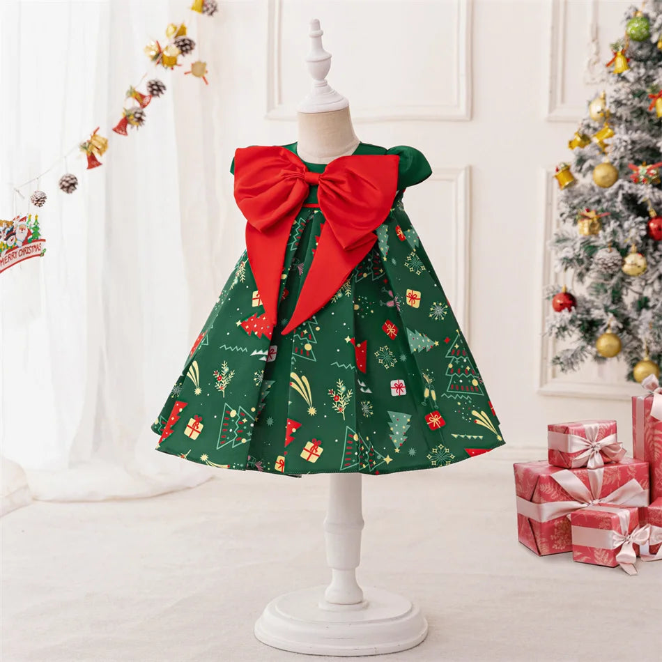 Kleinkind Santa Claus Cartoon Gedruckt Bogen Prinzessin Kleid Infant Weihnachten Thema Party Ballkleid Neugeborenen Nette Charme Kostüme.
