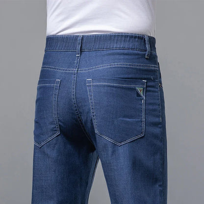 Summer Ultra Thin Men's Loose Jeans Lyocell Ice Silk Fashion Casual Business Denim Pants Straight Stretch Male Trousers