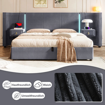 KOMHTOM Polsterbett 180x200cm, Samt mit, LED-Leiste, hydraulischem Stauraum, 2 Schubladen und USB+TYPE-C Anschluss