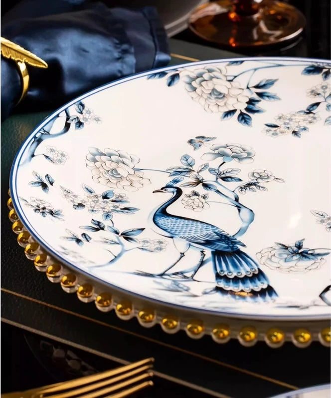 Blue Peacock Bone China Dining Plate Blue and White Kitchen Tableware Flower Ceramic Tableware Home Dining Bar Main Course Plate.