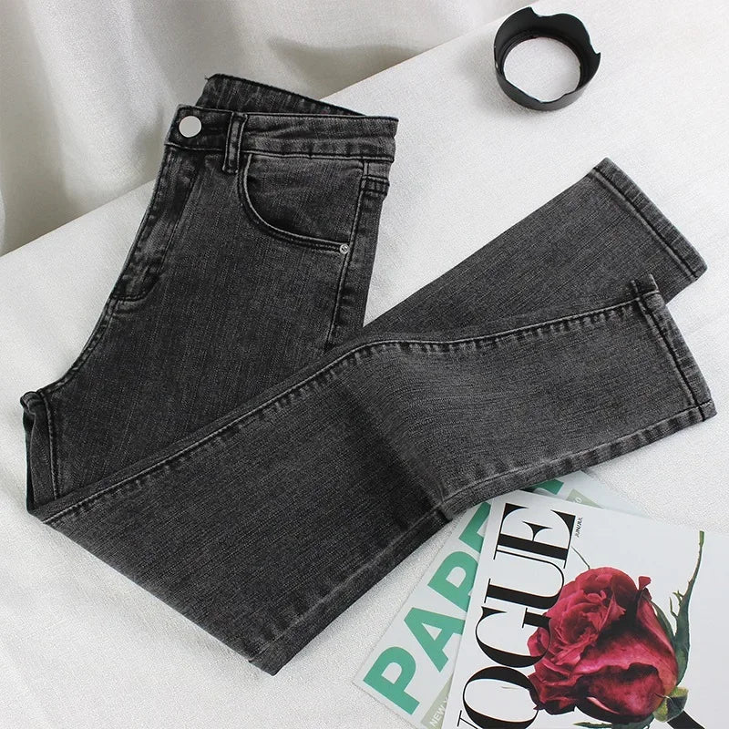 Black Grey Jeans Women's Spring Autumn Winter High-Waisted Petite Stretchy Tight Small Footed Pants Slimming Pencil Leggings.