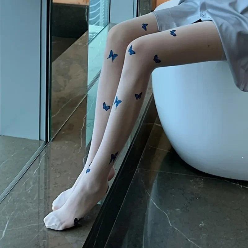 Blue Butterfly Print Tights Ultra-thin Slim Fit Pantyhose Elastic Butterfly Pattern Stockings Women's Stockings Hosiery.