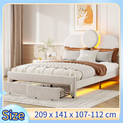 Creahappy Doppelbettgestell – 140 x 200 cm, gepolstertes Bett – Schubladenbett mit 2 Schubladen – ausgestattet mit LED-Leuchten – Beige