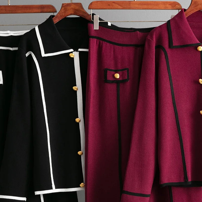 Women Sweater 2 Piece Suit Pullover Knitted Wide Leg Pants Muslim Sets Knitwear Single Breasted 2025 Outfits Autumn Winter.