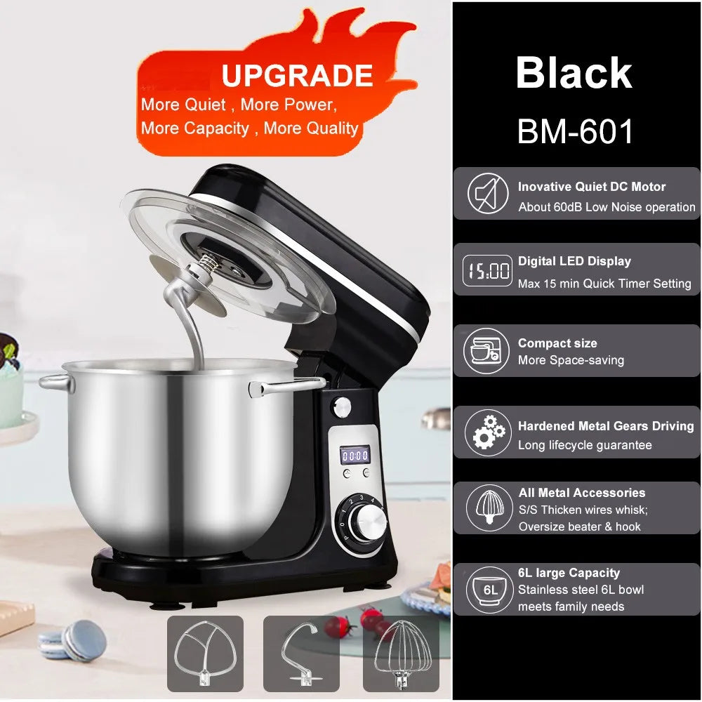 BioloMix BM601 1200W Kitchen Food Stand Mixer, Cream Egg Whisk, Cake Dough Kneader, 6L Capacity, Stainless Steel Bowl.