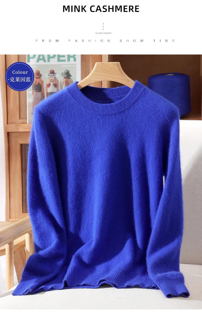 Women's Round-neck Mink Cashmere Sweater Soft Pullover Jumper Comfortable Knitted Top for Autumn Winter Pure Mink Material