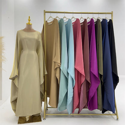 Ramadan Eid Summer Satin Batwing Abaya Dubai Women Islam Muslim Maxi Kaftan Dresses Kebaya Caftan Marocain Robe Femme Musulmane.