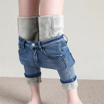 Frauen Thermische Dünne Jeans Mom Winter Warme Plüsch Stretch Jeans Dame Fleece Schnee Denim Hosen Student Bleistift Gerade Bein Hosen