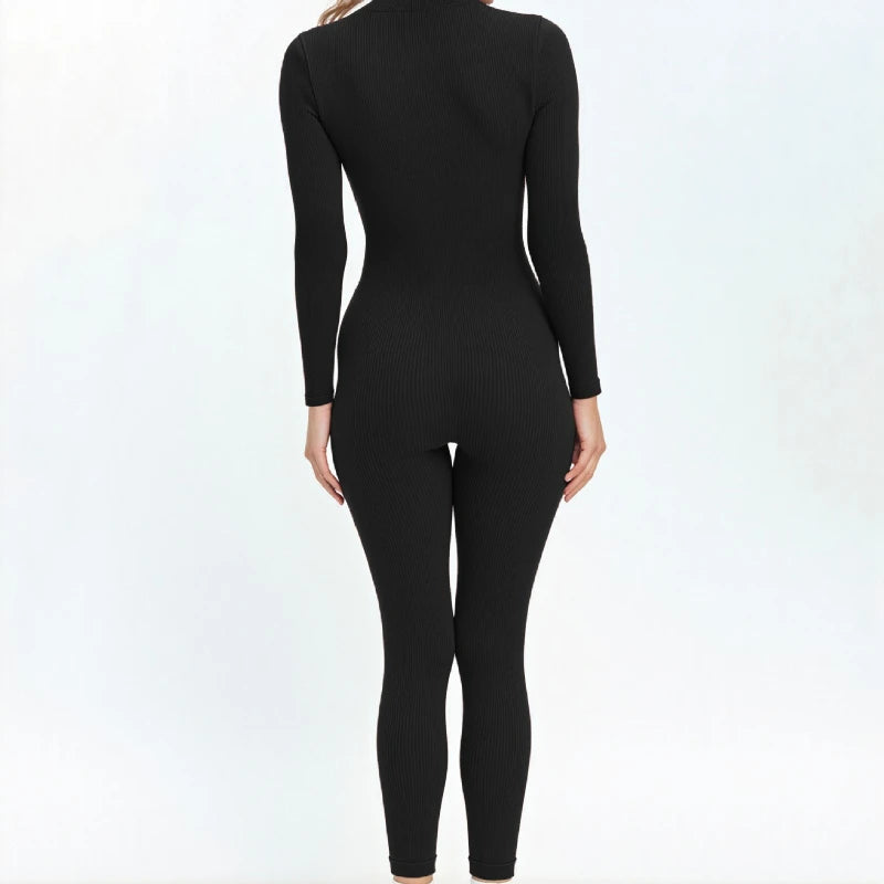 Seamless Ribbed Knit Bodysuit Women Zip Up Stand Collar Long Sleeve Thumbhole Yoga Romper Winter Thermal Workout Outfit.