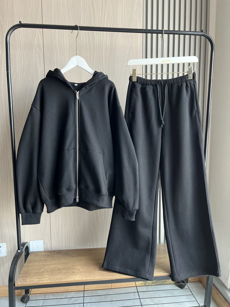 ETJ 2025 Fall/Winter new  women's casual sports oversized zipper hoodie wide leg mop sweatpants set 4174842.
