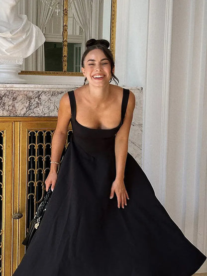 Schwarzes A-Linien-Langkleid für Damen, elegant, quadratischer Ausschnitt, plissiert, ärmellos, Sling-Maxikleider, 2025, Sommer-Dame, Urlaub, Party, Roben.