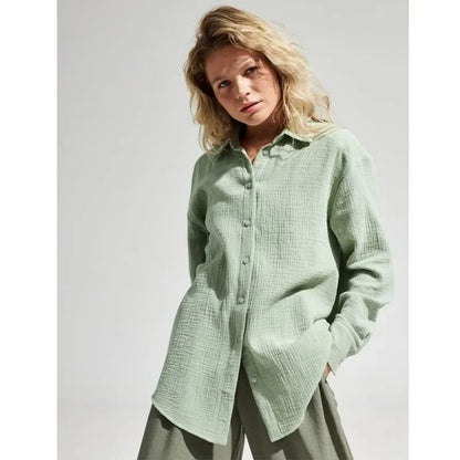 Muslin 100% Cotton Gauze Crepe For Women Shirts Blouse Turn Down Long Sleeve Single-Breasted Office Lady Loose Top Blusas Mujer.
