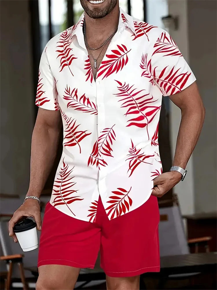 Men's Hawaii Shirt Set Men's 3D Printed Short Sleeve Shirt Shorts Two Piece Summer Beach Lapel Shirt Set Unisex Casual Clothing.