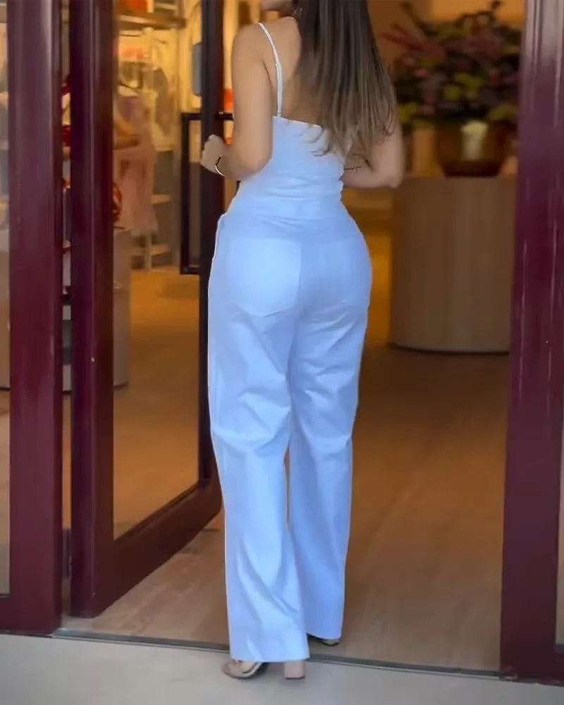 Fashion High Street Sleeveless Jumpsuit For Women 2025 Sexy Spaghetti Strap Bodycon Jumpsuits Office Elegant White Slim Romper.