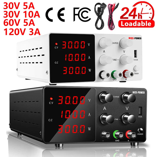 NICE-POWER DC Laboratory Power Supply Adjustable Voltage Regulator 30V 10A 5A Switch Bench Power Source 60V 120V3A USB Interface.