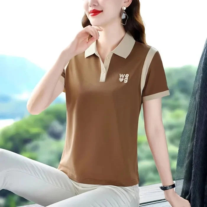 Sporty Short Sleeve Polo Shirt for Women Summer Fashionable Hong Kong Style Top Slim Fit Mixed Fabric Trendy T-Shirt