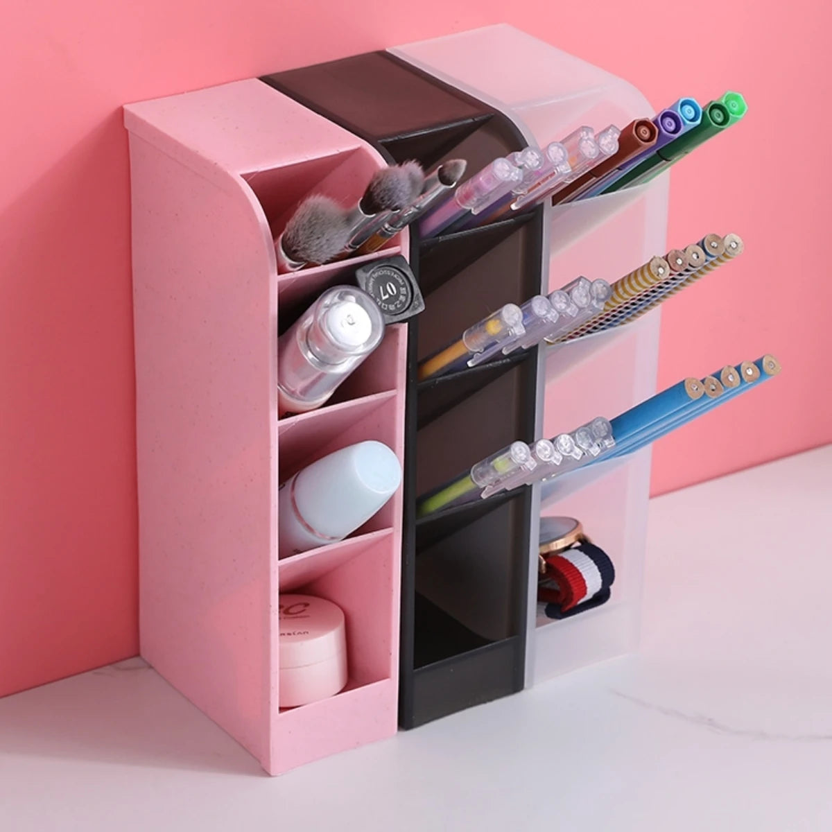 4-Gitter-Farbe, schräges Einsetzen, Desktop-Organizer, transparenter Stifthalter, Bleistift, Make-up-Pinsel, Aufbewahrungsbox, Büro, Schule, Schreibwaren.
