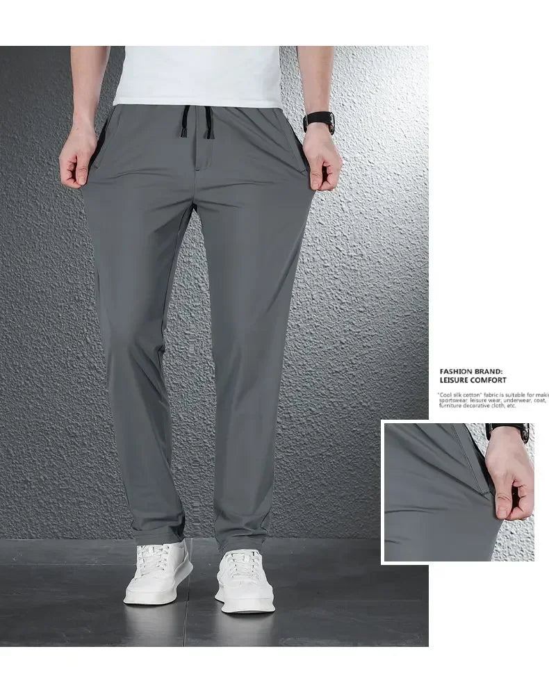 2024 Summer Soft Ice Silk Fabric Men's Thin Casual Pants Korean-style Fashion  Straight High Stretch Trousers Male Luxury Brand.