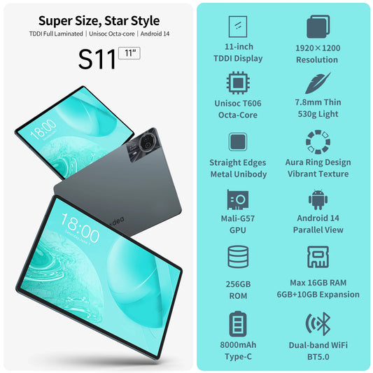ODEA S11 Android 14 Tablet with 11" IPS 1920x1200 T606 8 Core CPU Max 16GB RAM 256GB ROM 4G LTE type C 8000mAh Widevine L1.