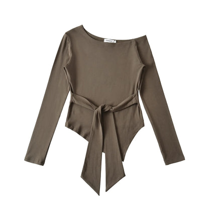 Sexy Long Sleeve T-Shirt Women's Waist Cinched Shoulder Bared Strap Design Autumn 2025 Irregular Halter Neck Top for Trendy Girl.