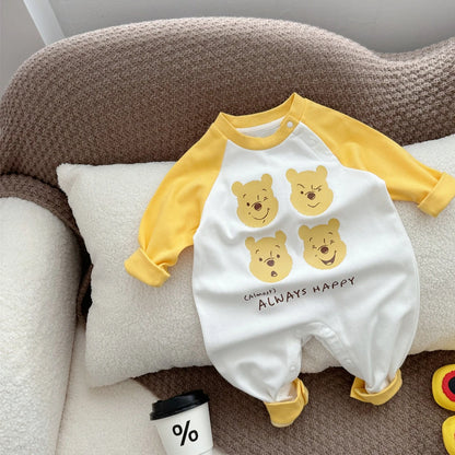Gelbe Kollektion Frühling Herbst Baby Mädchen Junge Rundkragen Lange Ärmel Cartoon Bär Body/Strampler Neugeborenen Overall K31266