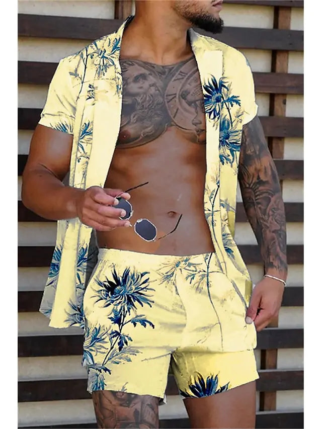 Hawaiian Plants Multicolor Print Men's Shirt and Shorts Two Piece Set Casual Vacation Men's Shirt Set Short Sleeve Button Shirt.