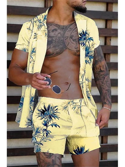 Hawaiian Plants Multicolor Print Men's Shirt and Shorts Two Piece Set Casual Vacation Men's Shirt Set Short Sleeve Button Shirt.