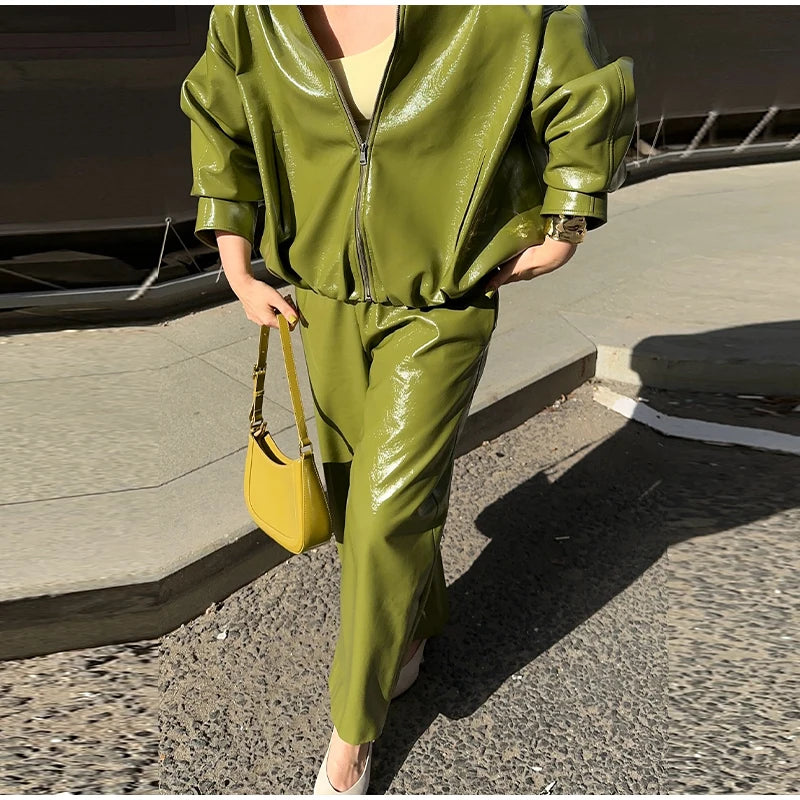 Chic Stand Collar Leather Long Skirt Sets Women Long Sleeve Jackets Spliced Solid Skirts 2025 Autumn Lady Y2k Outfits dress.