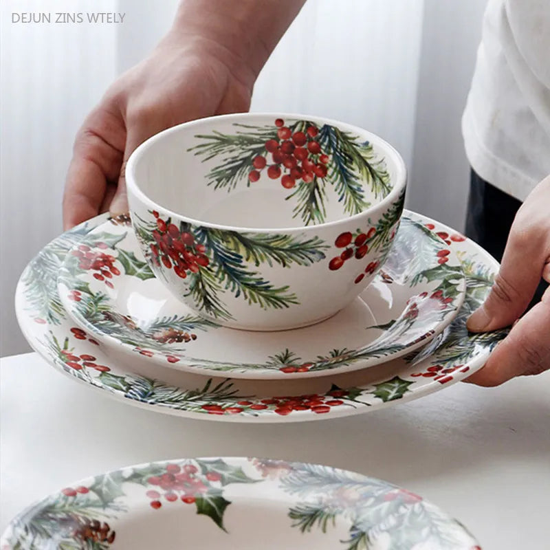 1PC Creative Kitchen Ceramic Plates Exquisite Christmas Tableware Steak Pasta Salad Plates High-quality Ceramic Dinner Plates.