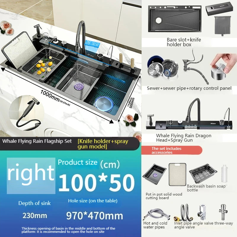 New Stainless Steel Waterfall Kitchen Sink  Large Single Slot Many Different Styles of Sinks Multifunctional Wash Bowl