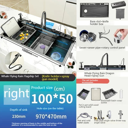New Stainless Steel Waterfall Kitchen Sink  Large Single Slot Many Different Styles of Sinks Multifunctional Wash Bowl