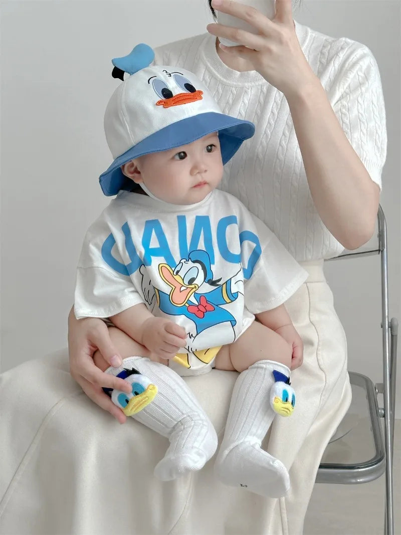 Disney Baby Mädchen Junge Overall Strampler Socke Hut Neugeborene Kleidung Set Baumwolle Cartoon Donald Duck Infant Kleinkind Body Outfit K618.