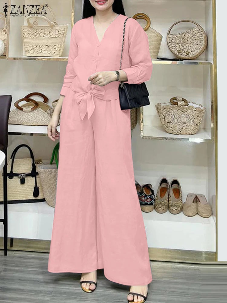 2025 ZANZEA Autumn Outfits 2PCS Women Work Matching Sets Fashion Spring Long Sleeve Blouse Pant Sets Casual Solid OL Tracksuits.