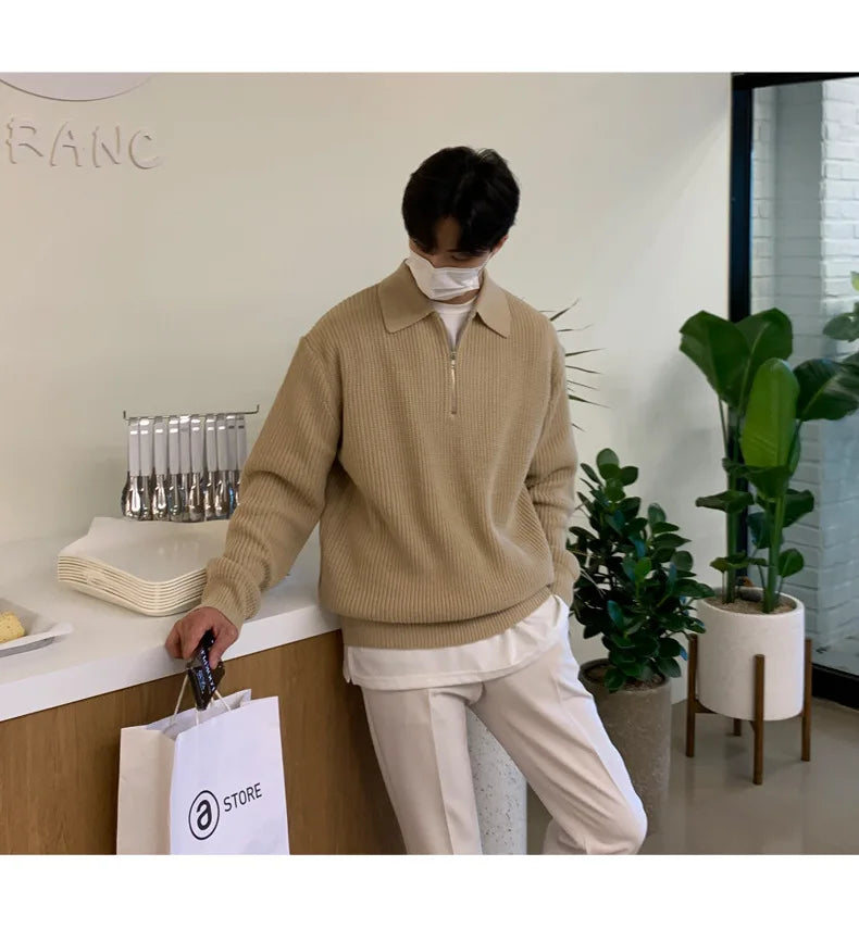 Half Zipper Sweater Men's Autumn and Winter Japanese Retro Korean Lapel Sweater Loose Casual Thread Trend.