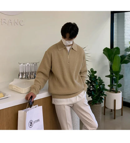 Half Zipper Sweater Men's Autumn and Winter Japanese Retro Korean Lapel Sweater Loose Casual Thread Trend.