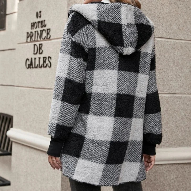 Frauen Herbst Winter Doppel Fleece Plaid Strickjacke Weiche Lose Lange Hülse Plüsch Warme Mit Kapuze Jacke Weibliche Patchwork Oberbekleidung Mantel.