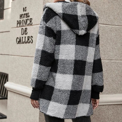 Frauen Herbst Winter Doppel Fleece Plaid Strickjacke Weiche Lose Lange Hülse Plüsch Warme Mit Kapuze Jacke Weibliche Patchwork Oberbekleidung Mantel.