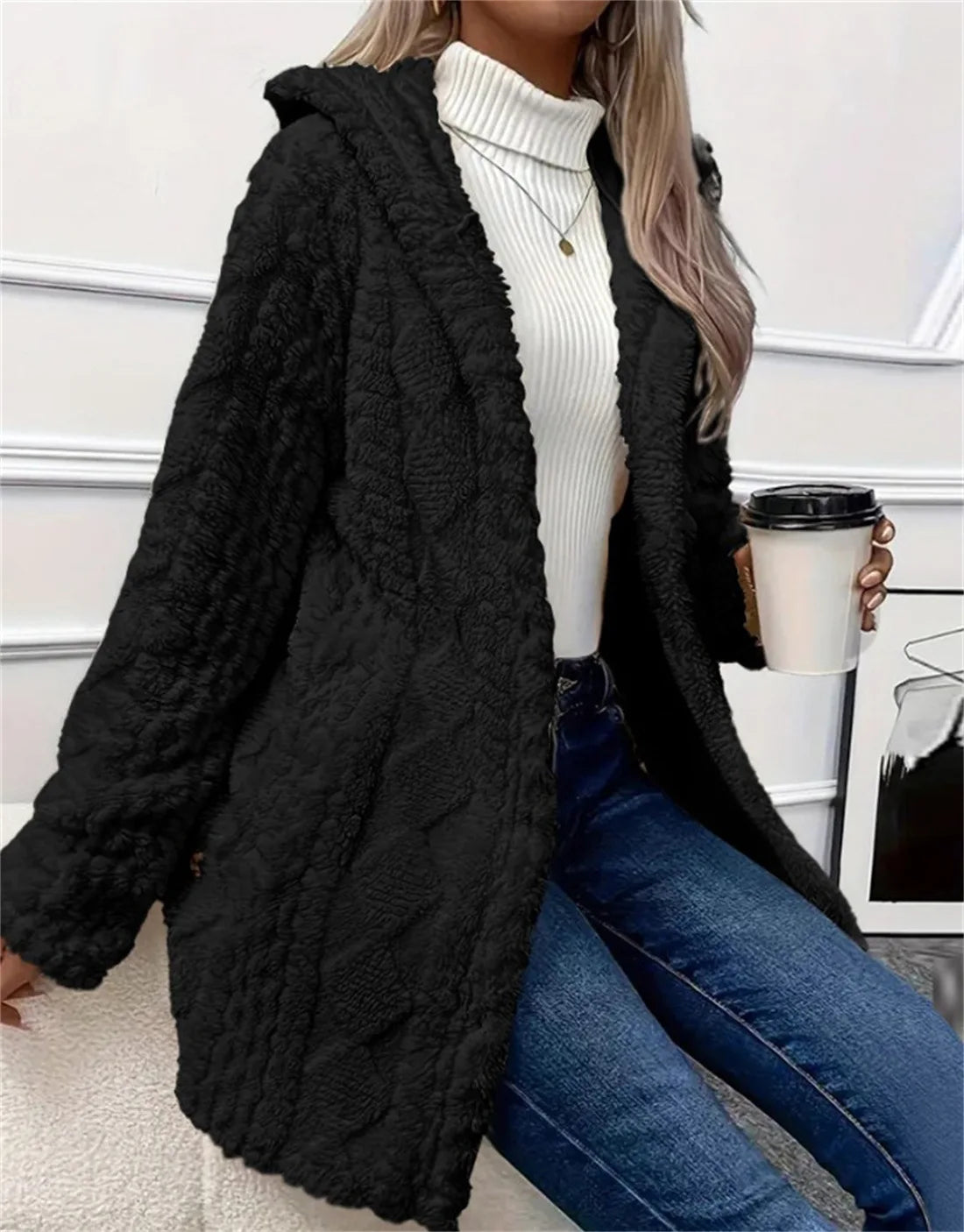 Women Cardigan Hoodie Jacket Autumn Winter Argyle Textured Pattern Hooded Irregular Hem Buttons Fleece Oversized Outerwear Coat.