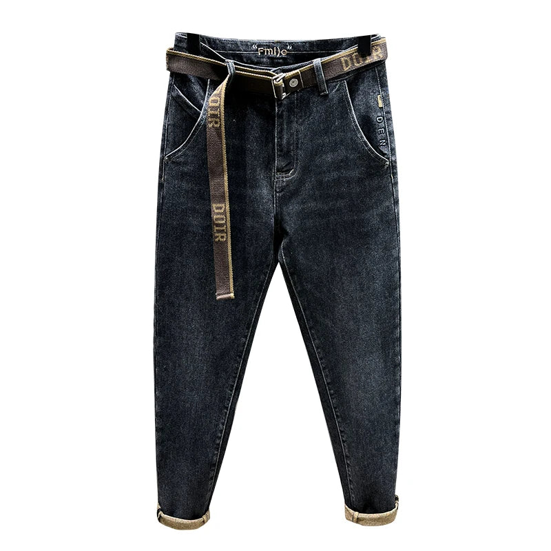 Tapered Jeans for Men's Clothing Autumn New Fashion Embroidered Korean Harem Pants Casual Stretch Black Denim Trousers.