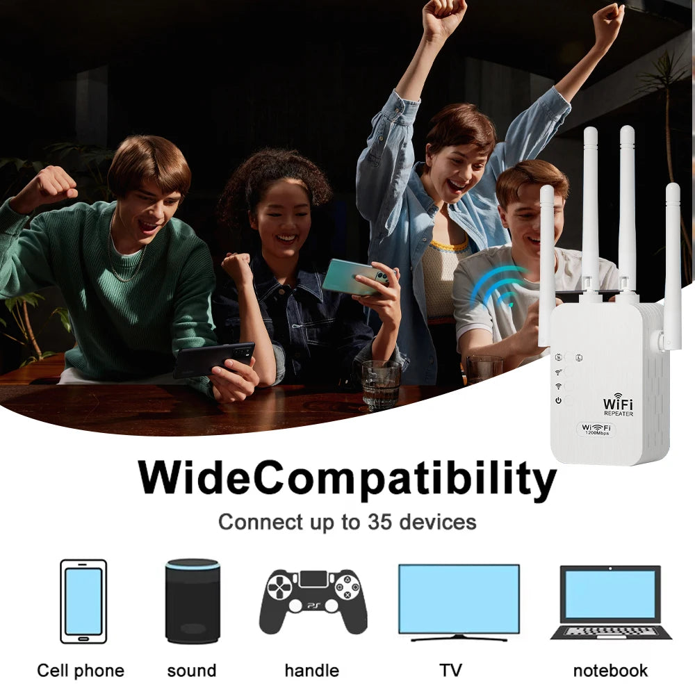 1200Mbps 5G Wireless WiFi Repeater 300Mbps 2.4G WiFi Extender Network Signal Booster Long Range WiFi Booster for Small Office.